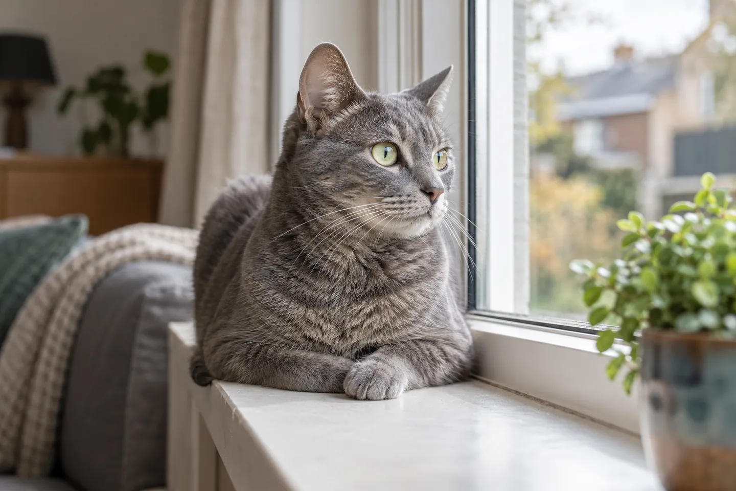 Grijze kat kijkt alert vanuit een vensterbank