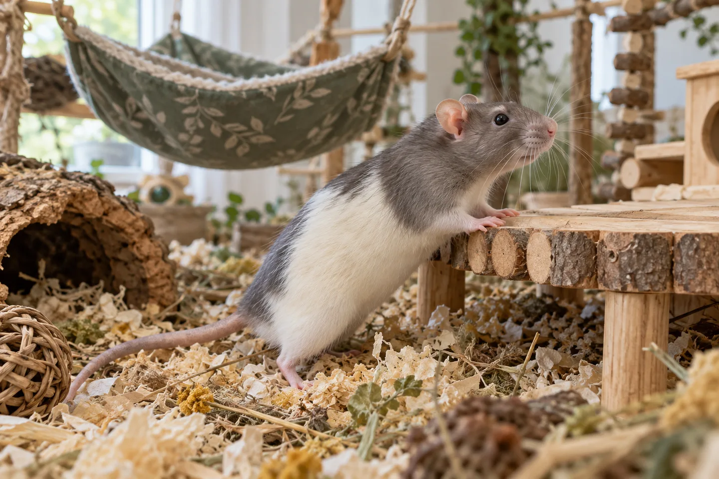 Tamme rat verkent een laag houten platform in een verrijkt verblijf