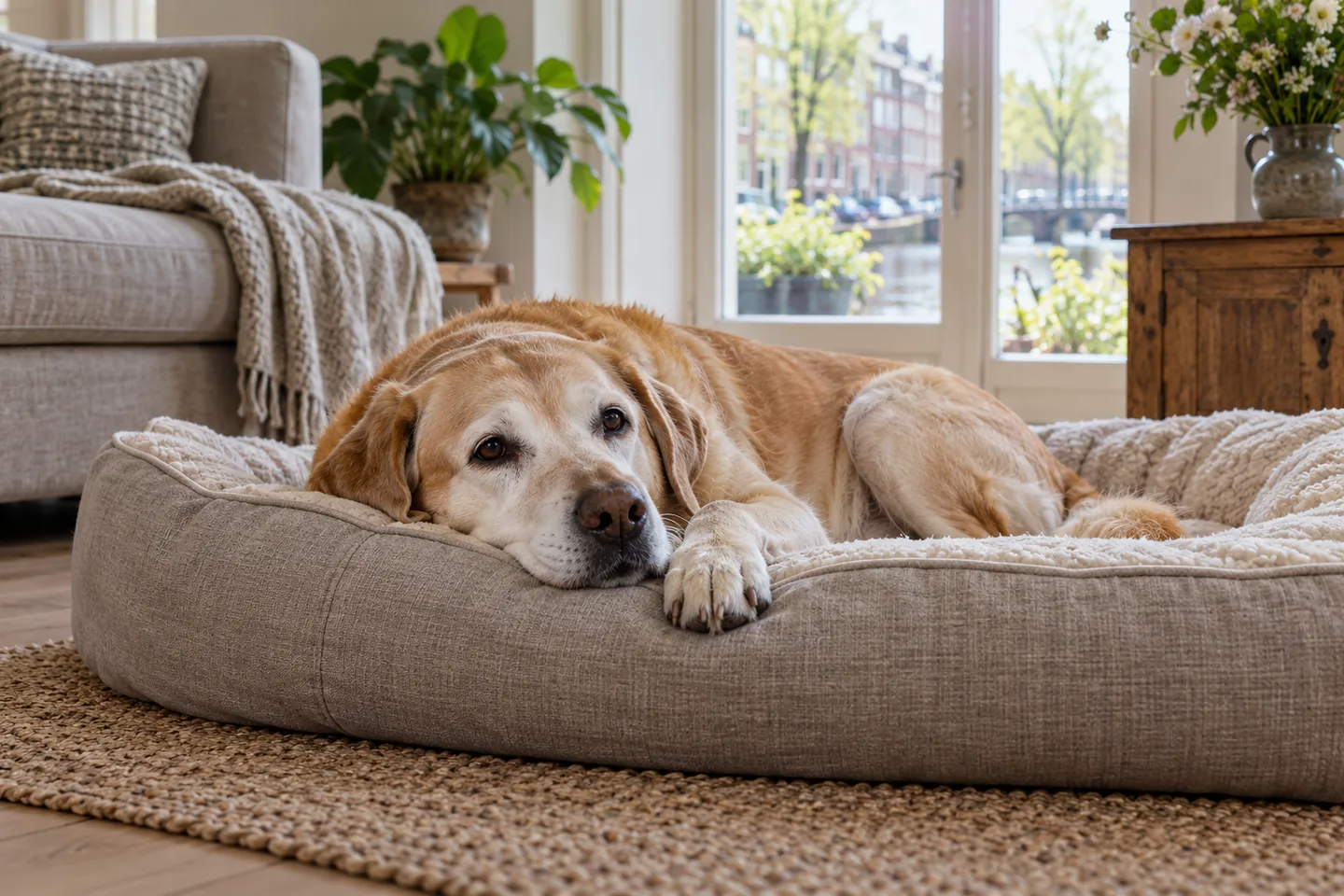 Oudere labrador rust op een ondersteunend hondenbed