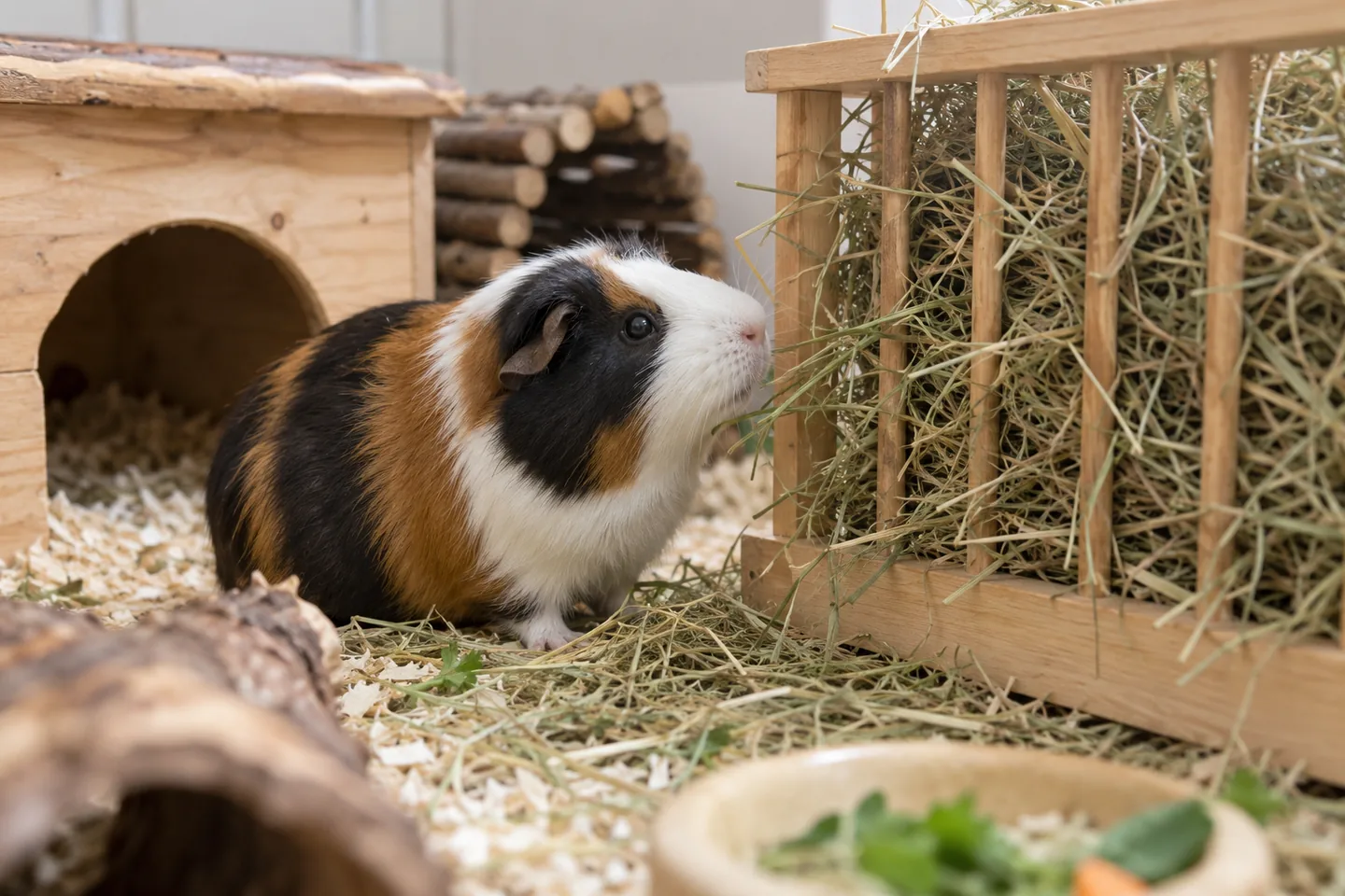 Cavia naast hooi en een houten schuilhuis in een ruim verblijf